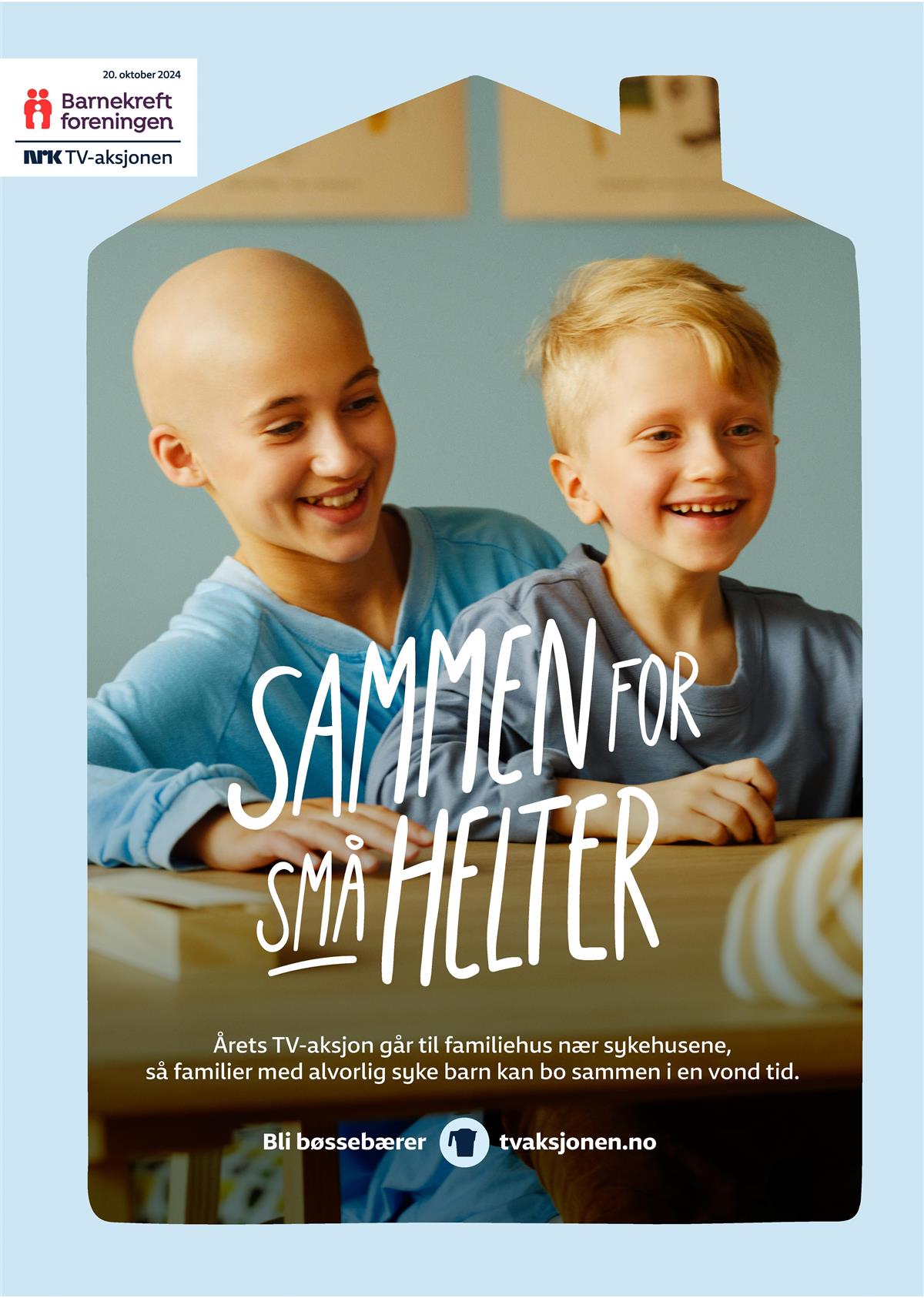Bildet er en plakat med bilde av to smilende gutter i et hus. Teksten på plakaten handler om å bli bøssebærer for TV-aksjonen 2024. Pengene går til barnekreftforeningen. - Klikk for stort bilde