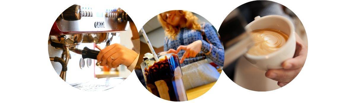 Tre små bilder i ett bilde. En hånd som holder i kaffemaskin, ungdom som lager hjerte med fingrene bak en iskaffe, en hånd som holder en kaffe - Klikk for stort bilde
