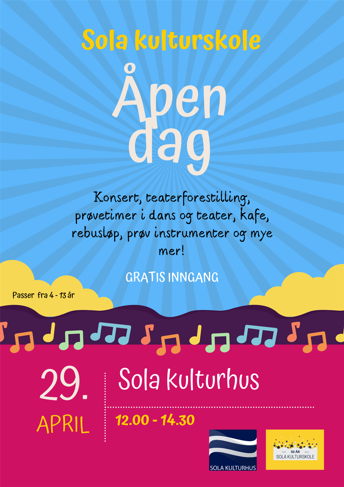 Plakat til åpen dag 29. april på Sola kulturhus 12.00-14.30.  - Klikk for stort bilde