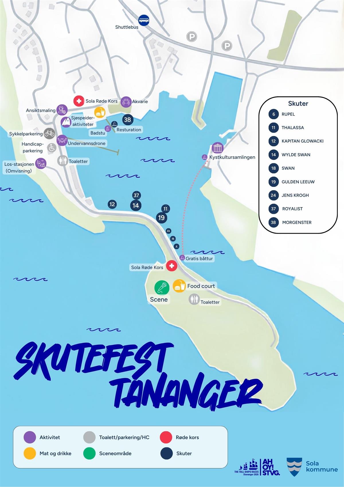 Kart over festivalområdet under Skutefest i Tananger med plassering av skuter, Resturation, scene, aktiviteter, servering, toaletter, transport og andre fasiliteter. - Klikk for stort bilde