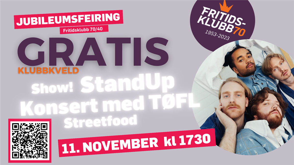 Plakat for jubileumsfeiring. Gratis show, standup, konsert - Klikk for stort bilde