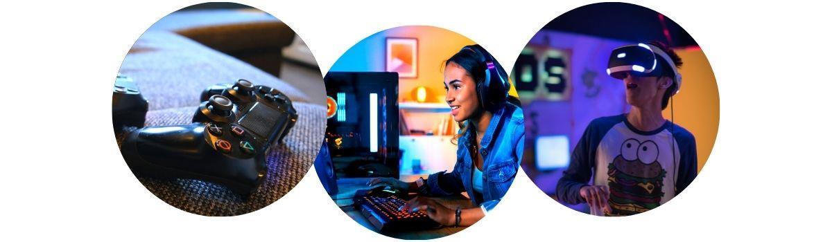 Tre bilder i ett bilde. En playstationkontroll, ungdom som gamer, ungdom med VR-briller. - Klikk for stort bilde