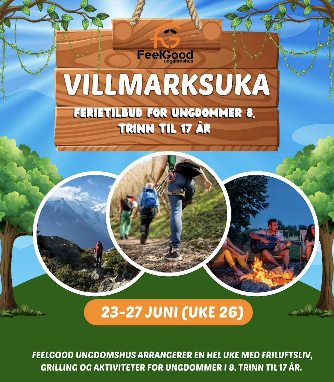 Informasjonsplakat om arrangementet Villmarksuka. Plakaten viser illustrasjon av trær og bilde av mennesker på tur. - Klikk for stort bilde