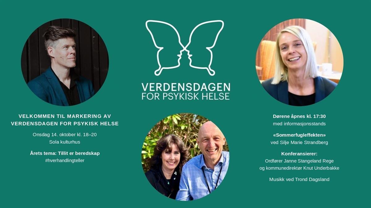 Bildet viser en plakat med teksten verdensdagen for psykisk helse og bilder av foredragsholdere - Klikk for stort bilde